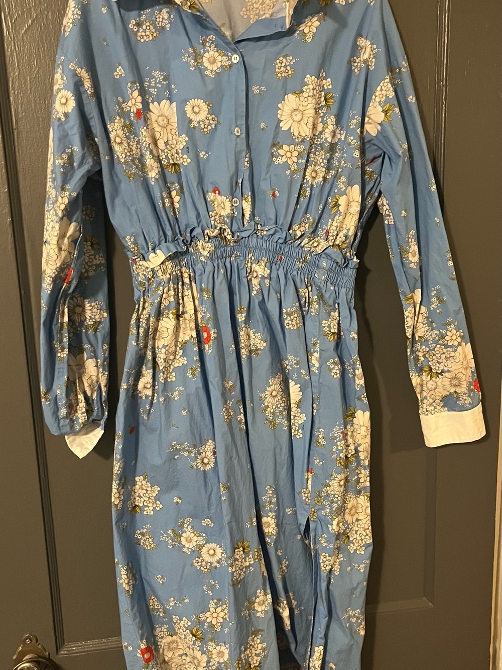 Blue Floral Shirtdress with Elastic Waist